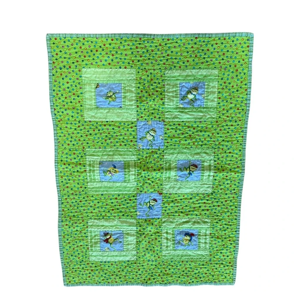 Handmade Quilted Baby Blanket Green  Frogs Polka Dot  34x25
